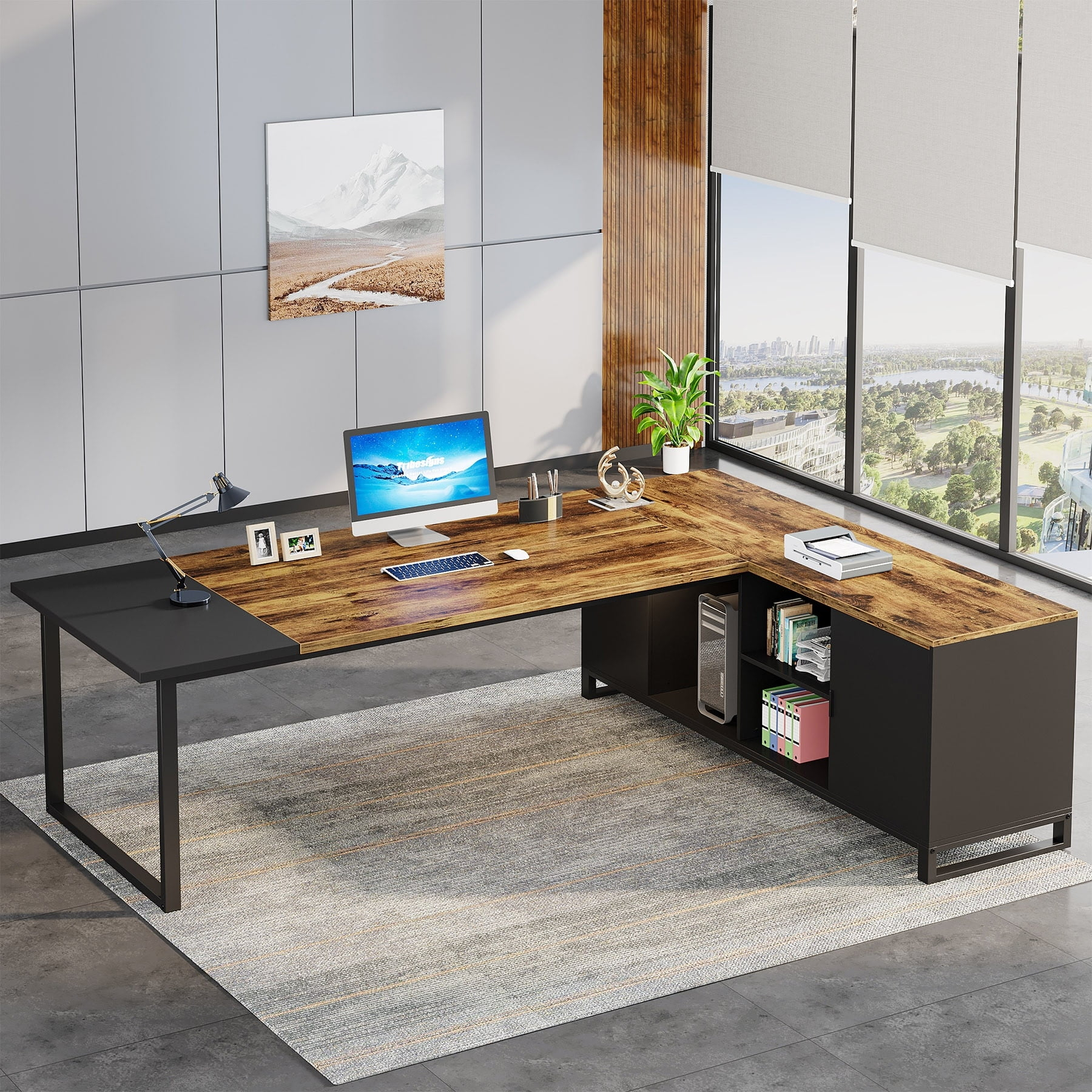 1Easylife Executive Desk and File Storage Cabinet Set, L-Shaped Computer Desk for Home Office with storage cabinet - Brown+Black