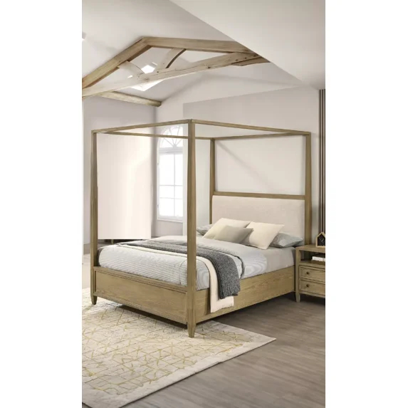 1Pc Light Brown Queen Canopy Platform Upholstery Bed Rustic Finish Luxurious Bedroom Furniture