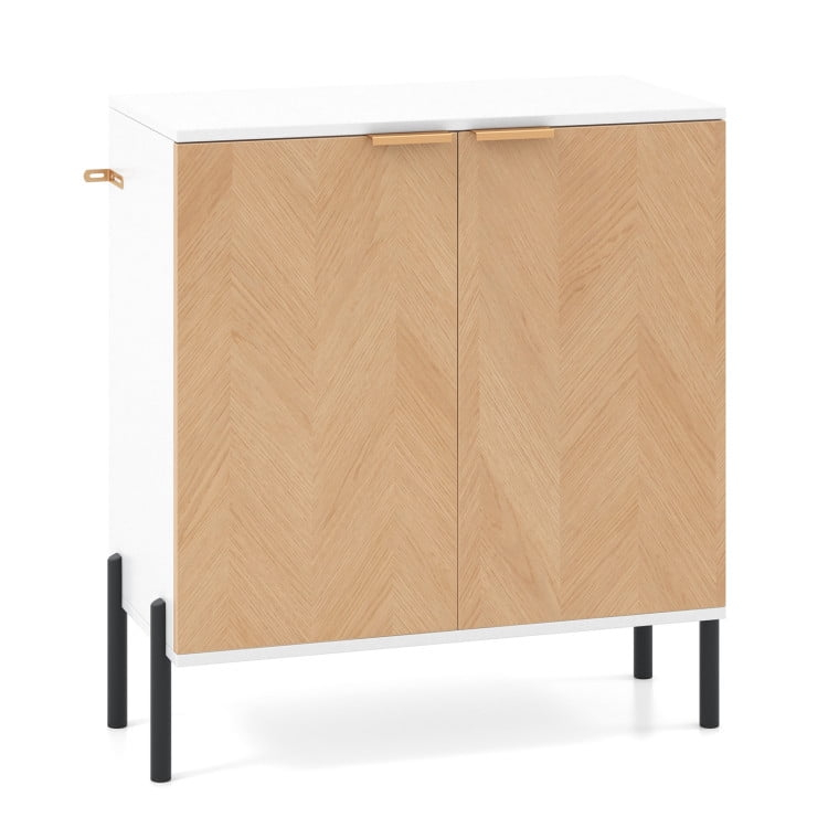 White and Natural Wood 2-Door Buffet Cabinet with Metal Legs