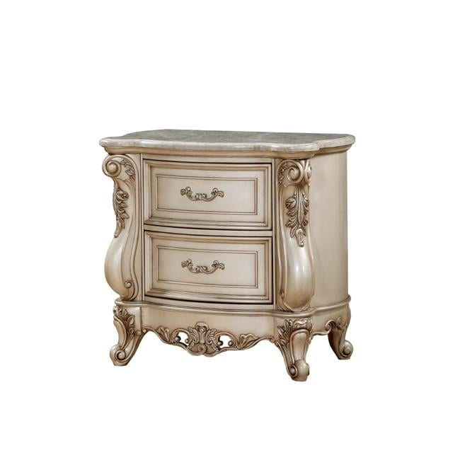 Benzara BM207490 2 Drawer Nightstand with Raised Scrolled Floral Moulding, White
