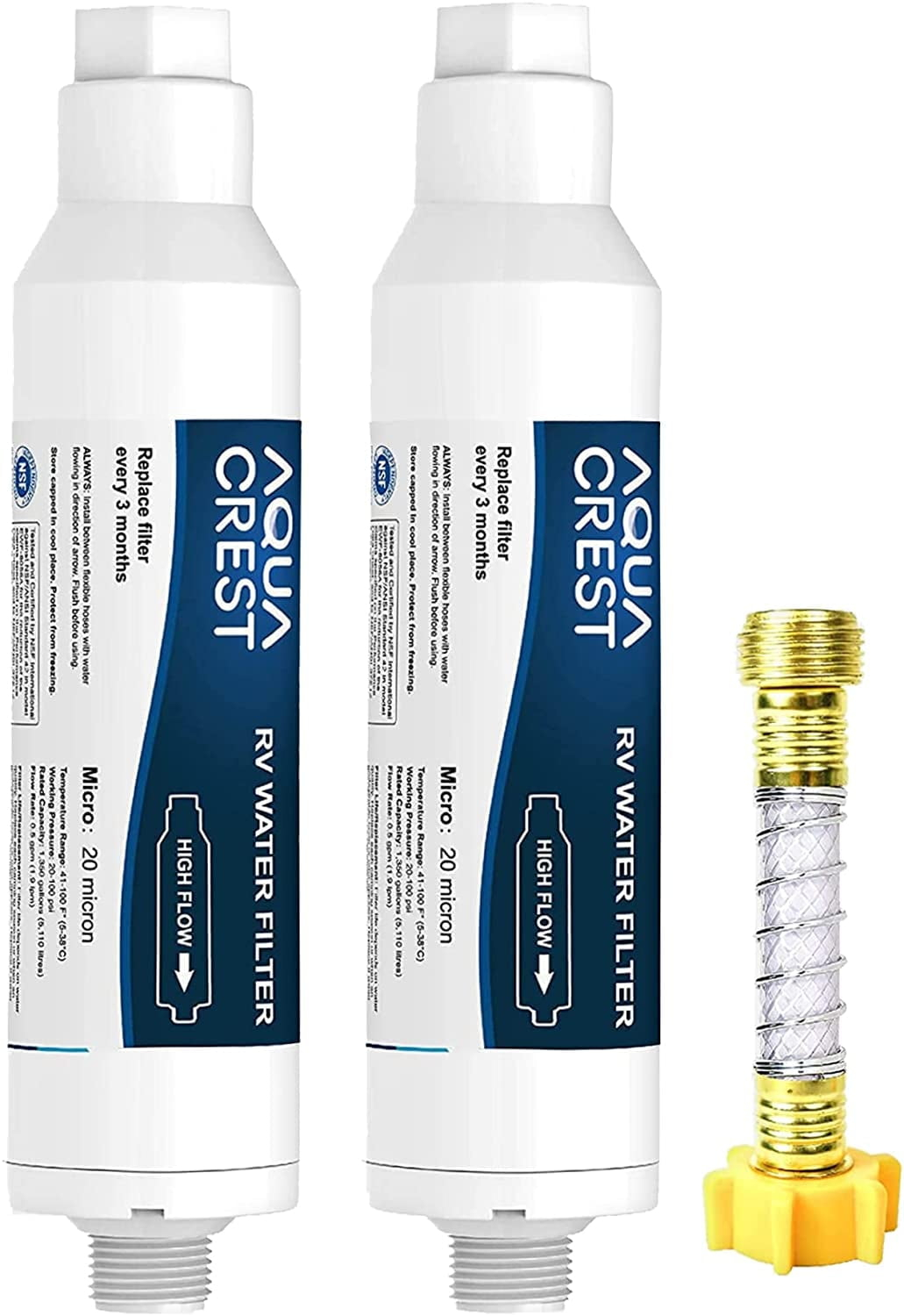 2 PACK, AQUA CREST RV Inline Water Filter with Hose Protector, NSF Certified, Greatly Reduces Chlorine, Bad Taste, Odor in Drinking Water, KDF Filter for RVs and Marines (Packaging May Vary)