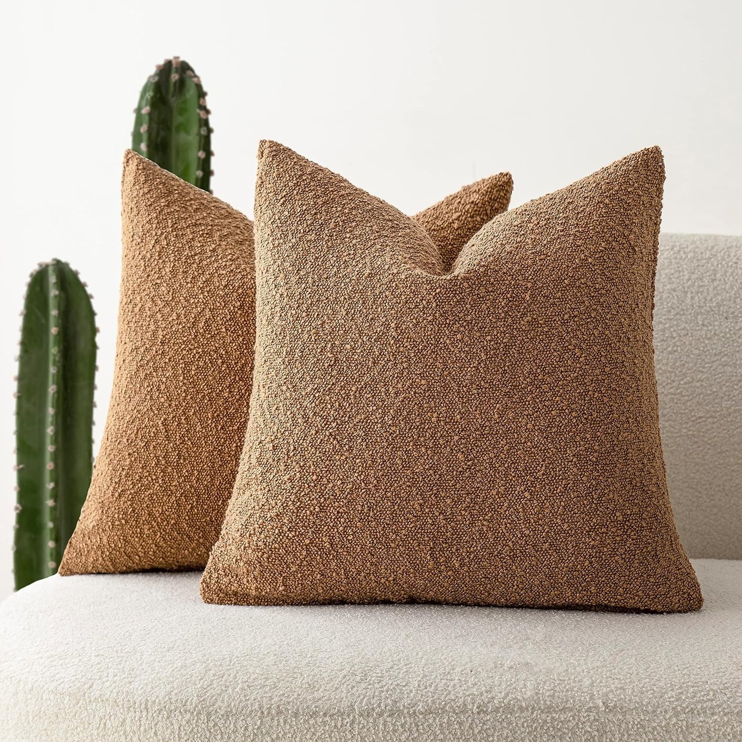 Boucle Decorative Throw Pillow Covers for Couch Set of 2, 18x18 inches, Beige