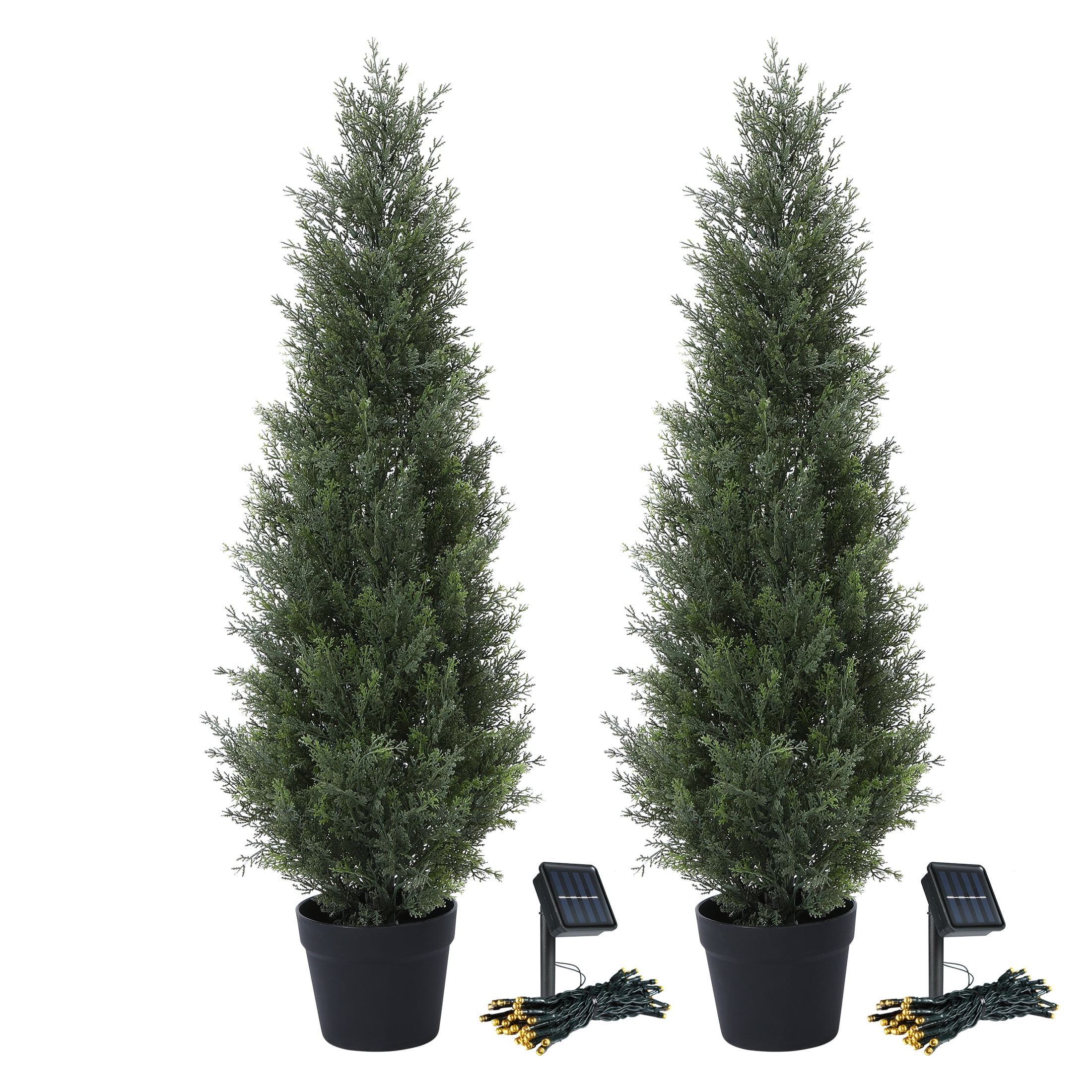 2 Pack 3ft Artificial Cedar Topiary Trees for Outdoors, Fake Cypress Plants with Solar Light String, Faux uv resistant Plants for Home Front Porch Decor, Housewarming Gift