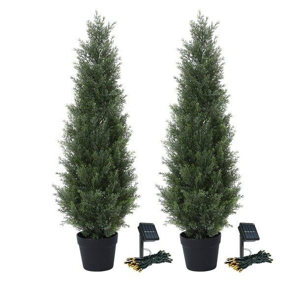 2 Pack 3ft Artificial Cedar Topiary Trees for Outdoors, Fake Cypress Plants with Solar Light String, Faux uv resistant Plants for Home Front Porch Decor, Housewarming Gift