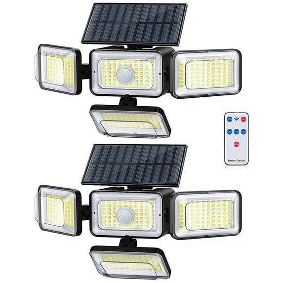 2 Pack 4 Heads Solar Flood Wall Lights,IP65 Waterproof Motion Sensor Outdoor Lights with Remote Control for Outside Yard
