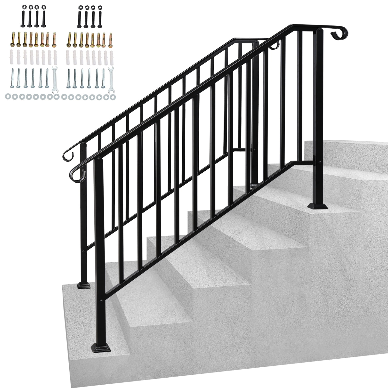 2 Pack 5 Step Handrails for Outdoor Steps, Wrought Iron Stair Railing Fits 4 or 5 Steps, Metal Hand Rail with Installation Kit, Staircase Handrails for Concrete, Porch, Deck, Exterior Steps, Black