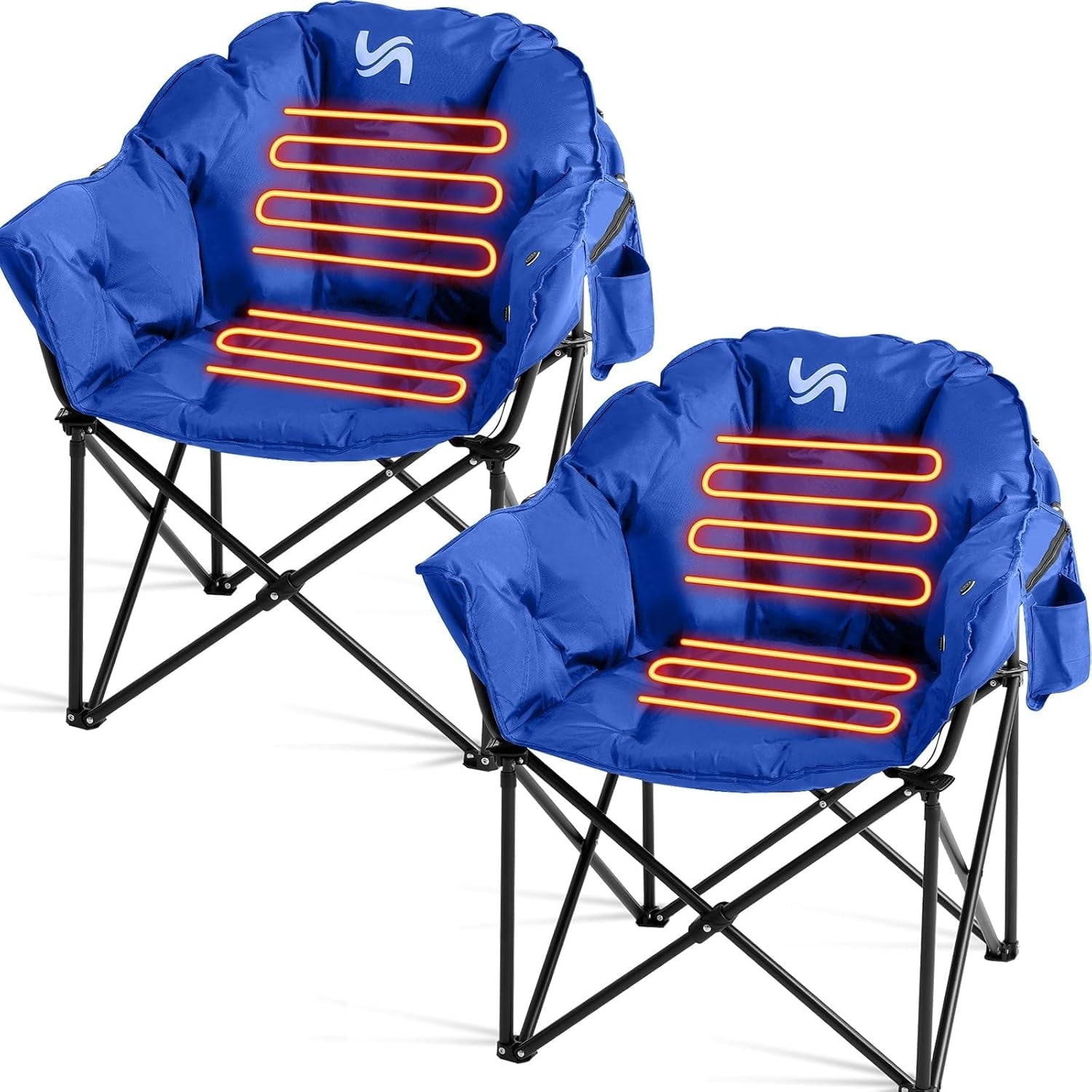 NAIZEA Set of 2 Oversized Heated Camping Chair, Patio Lounge Chairs with 3 Heat Levels, Portable Folding Heated Chair Round Moon Saucer Folding Lawn Chair Outdoor Chair for Camping, Lounge Patio