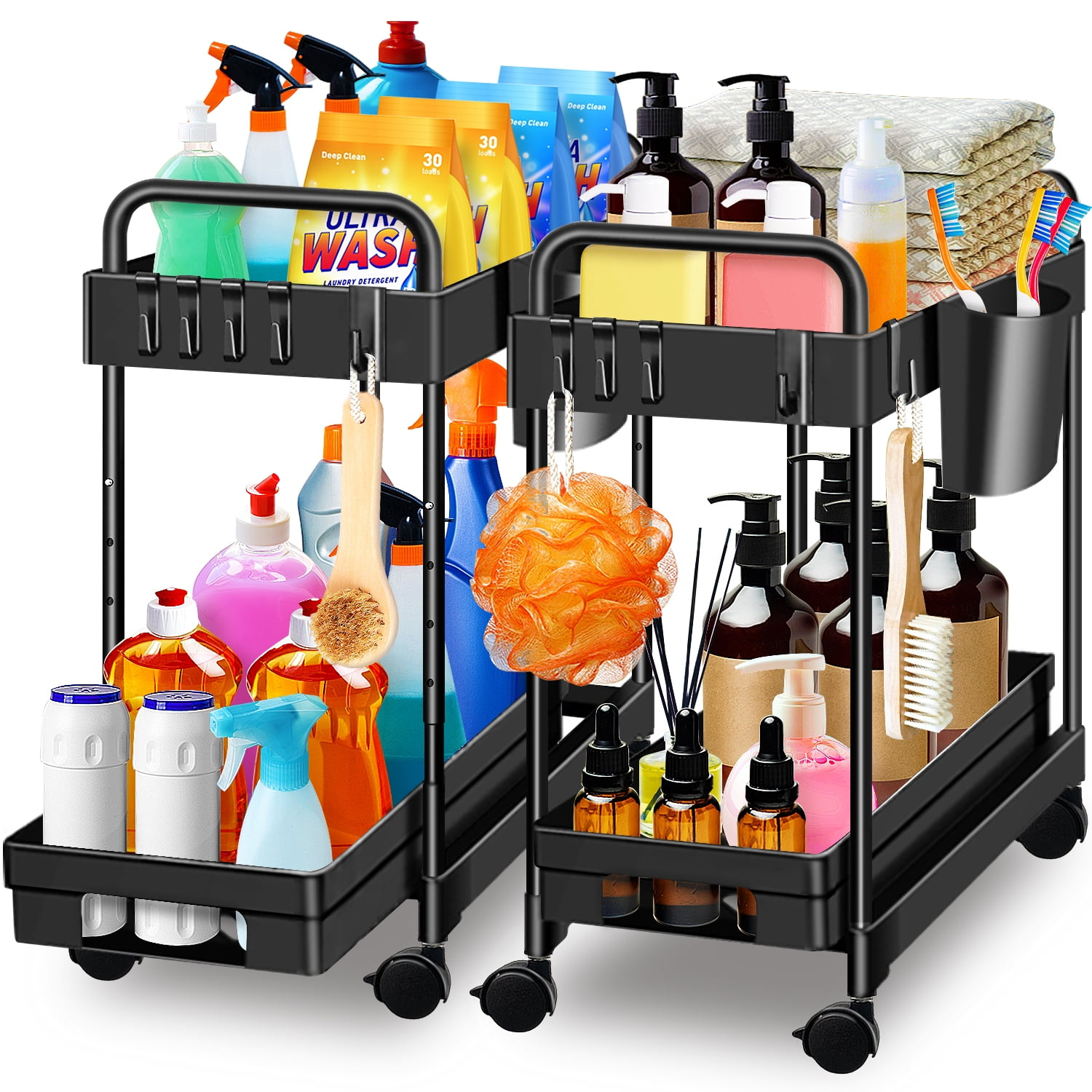 Kisportee 2 Pack Under Sink Organizer, 2 Tier Sliding Under Bathroom Cabinet Organizer with 10 Hooks and 4 Hanging Cups, Multi-Purpose Kitchen Counter Shelf, Black