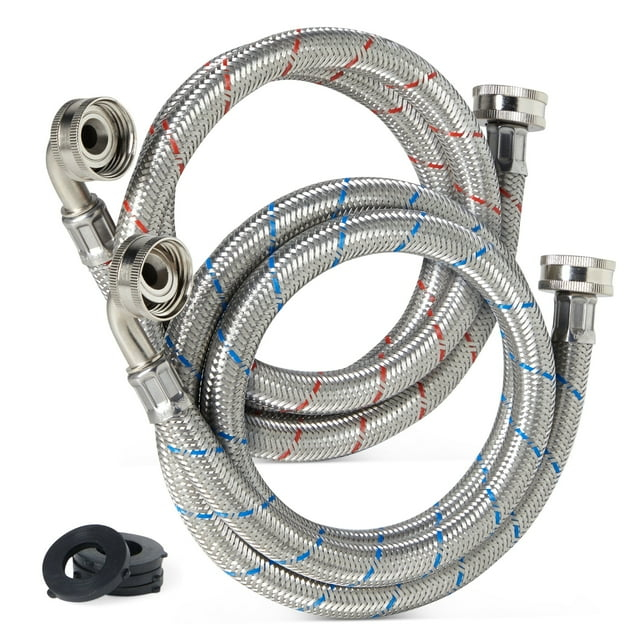 2 Pack Universal Washing Machine Hoses with 90 Degree Elbow Connection, Stainless Steel Rust and Burst Protection (4 Feet)