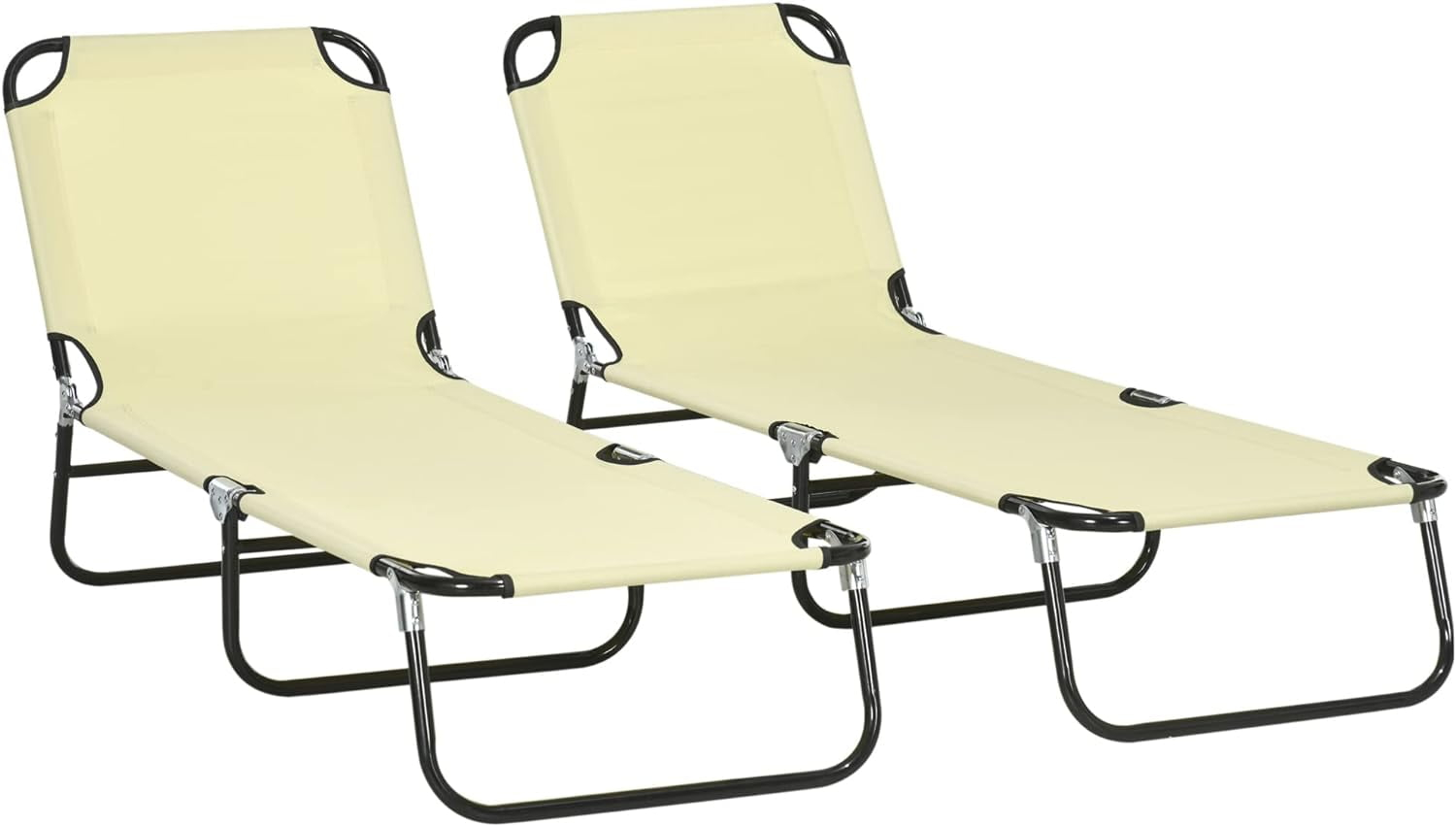 2 Piece Folding Chaise Lounge Pool Chairs, Outdoor Sun Tanning Chairs with 5-Level Reclining Back, Steel Frame for Beach, Yard, Patio, Beige
