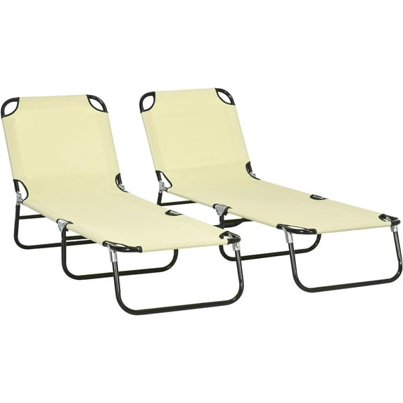 2 Piece Folding Chaise Lounge Pool Chairs, Outdoor Sun Tanning Chairs with 5-Level Reclining Back, Steel Frame for Beach, Yard, Patio, Beige