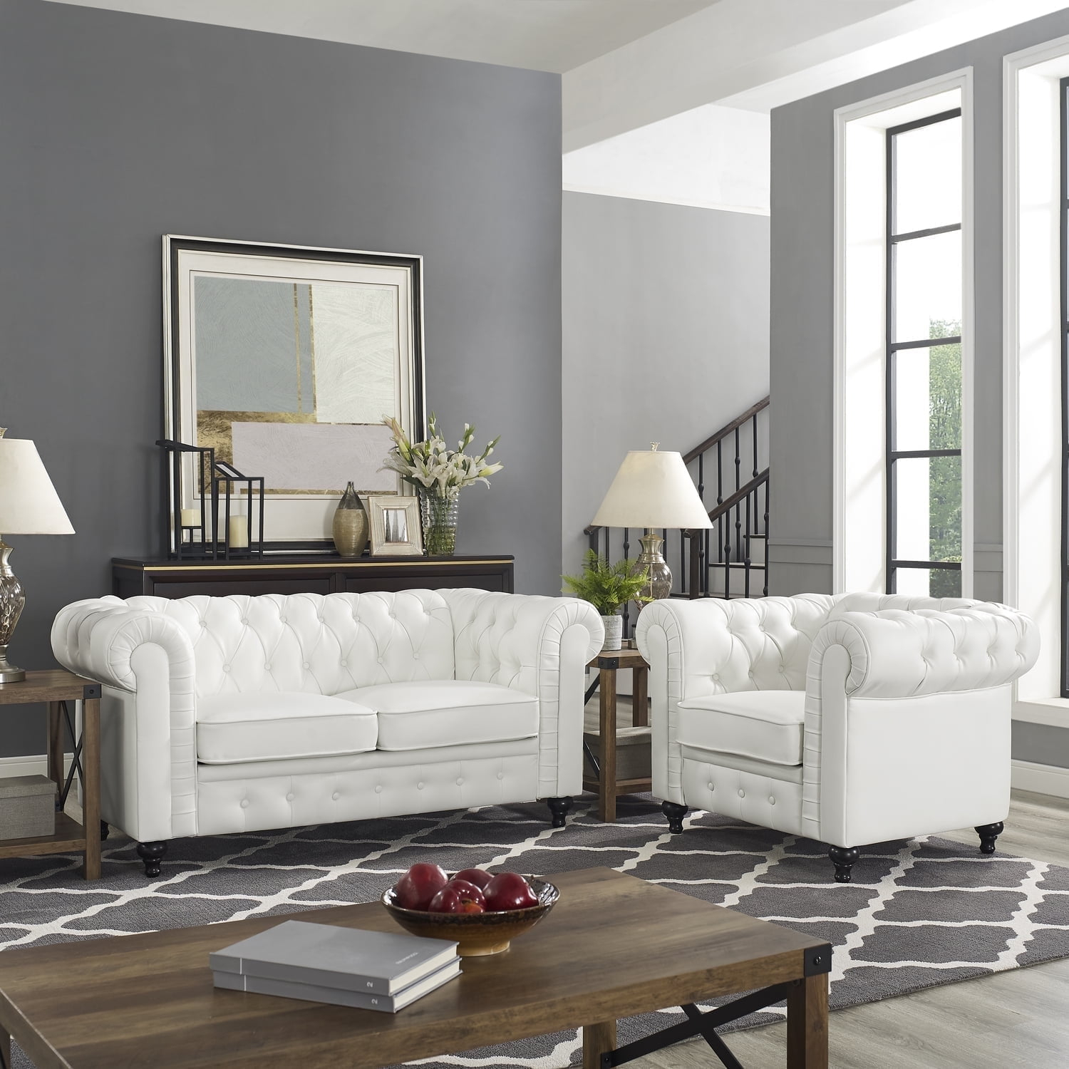 2 Piece Living Room Set, Faux Leather Chesterfield Loveseat & Chair, Deep Button Tufted with Rolled Arms, Home Furniture - Include 3-Seater Couch and Single Chair, White