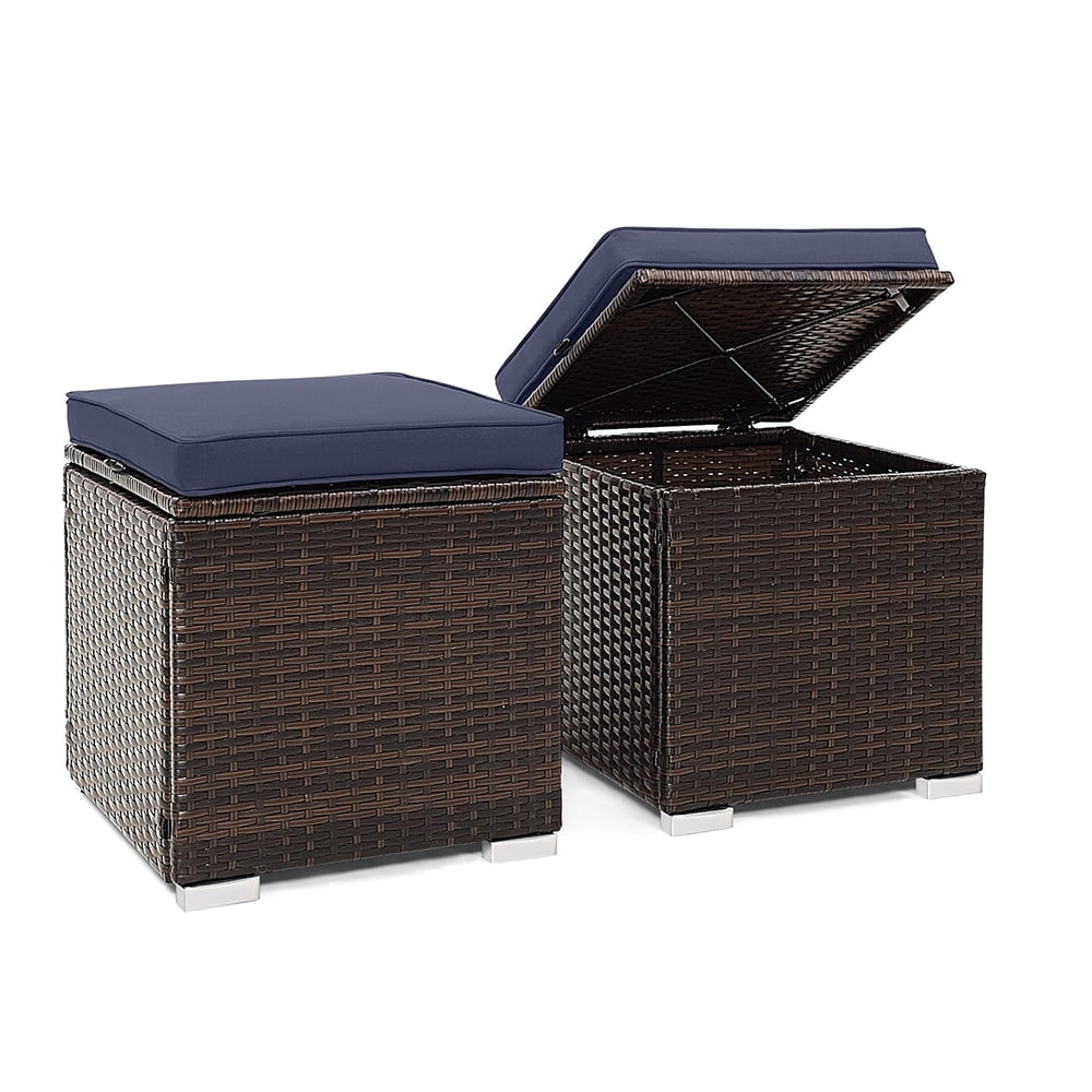 Navy Cushioned PE Rattan Storage Ottomans Set