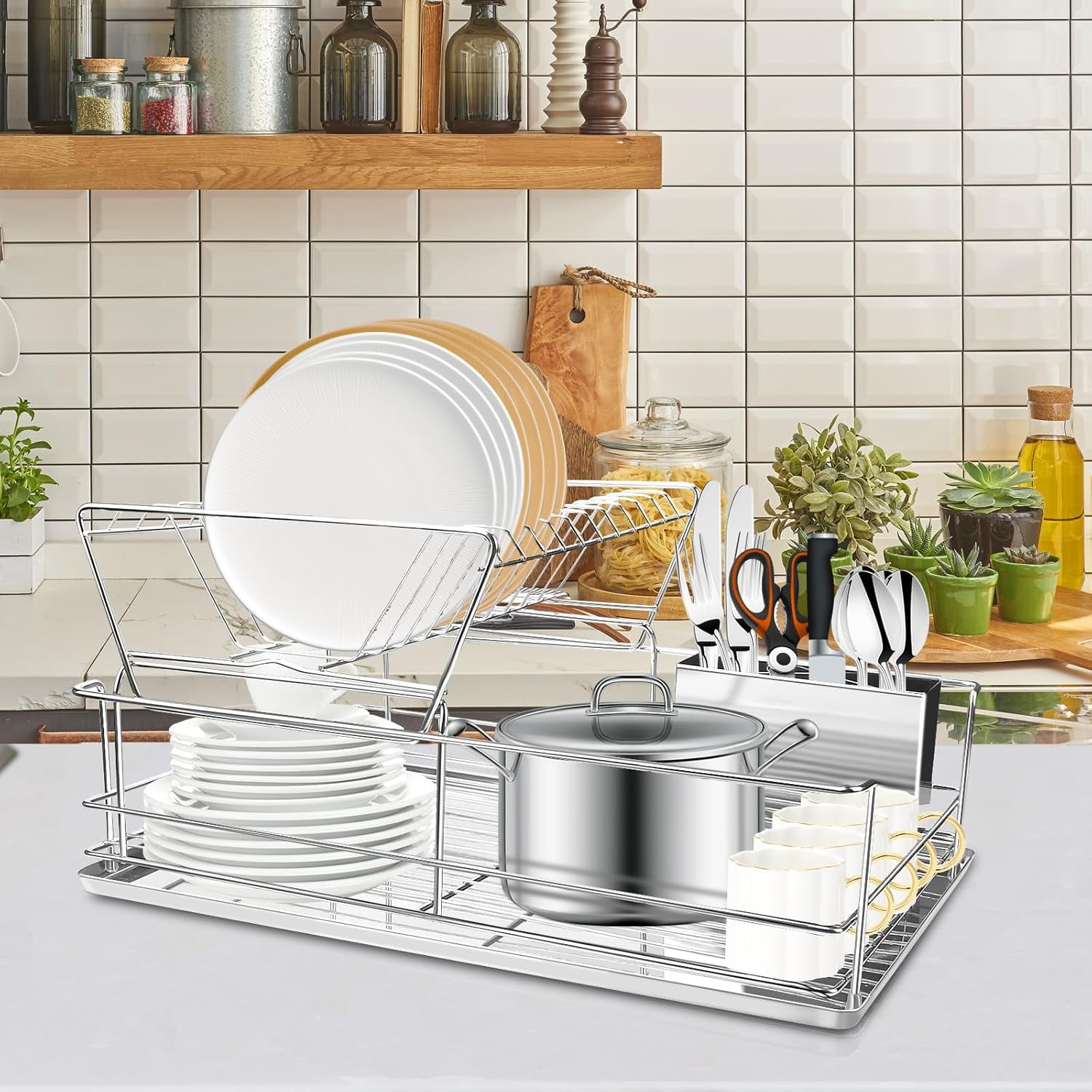 2 Tier Dish Drying Rack for Kitchen Counter，Stainless Steel Large Capacity Dish Rack with Detachable Dish Drainer Organizer，Utensil Holder and Drain Board