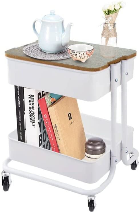 Melody House 2 Tier Metal Utility Rolling Cart Storage Organizer with Cover Board, Mobile Trolley Sofa Side Table with Wheels for Office Home Kitchen Organization, White