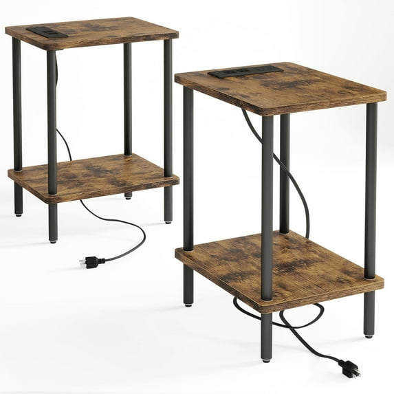 2-Tier Nightstand with Charging Station, End Table Set of 2, Side Table with USB Ports and Power Outlets, Side Table for Living Room, Bedroom, Rustic Brown and Black