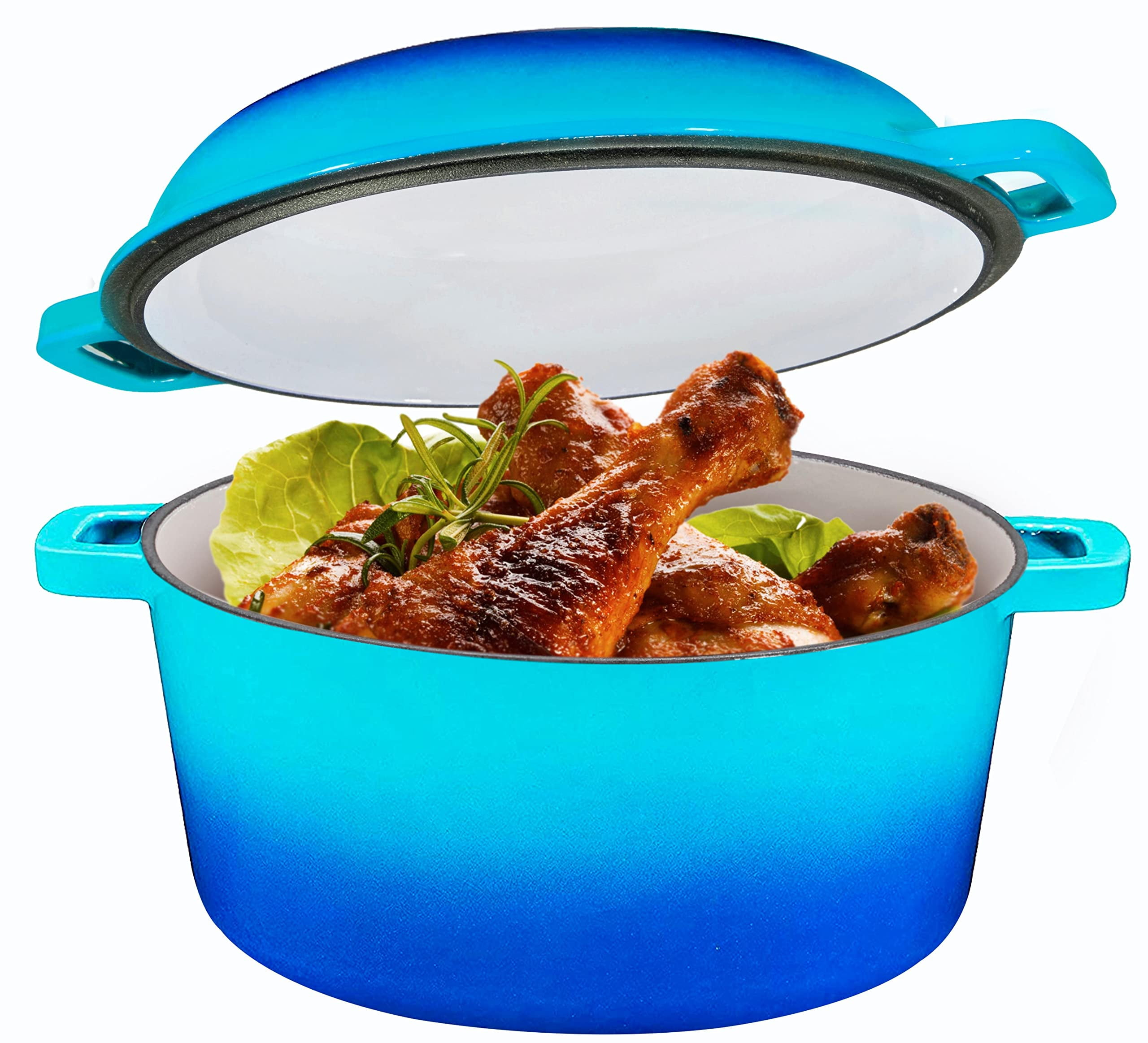 Bruntmor 2-in-1 Enamel Cast Iron Dutch Oven With Handles - Crock Pot Caribbean Blue Cast Iron pot with Skillet lid - All-in-One Cookware Braising Pan for Casserole Dish - 5 Quart, Caribbean Blue