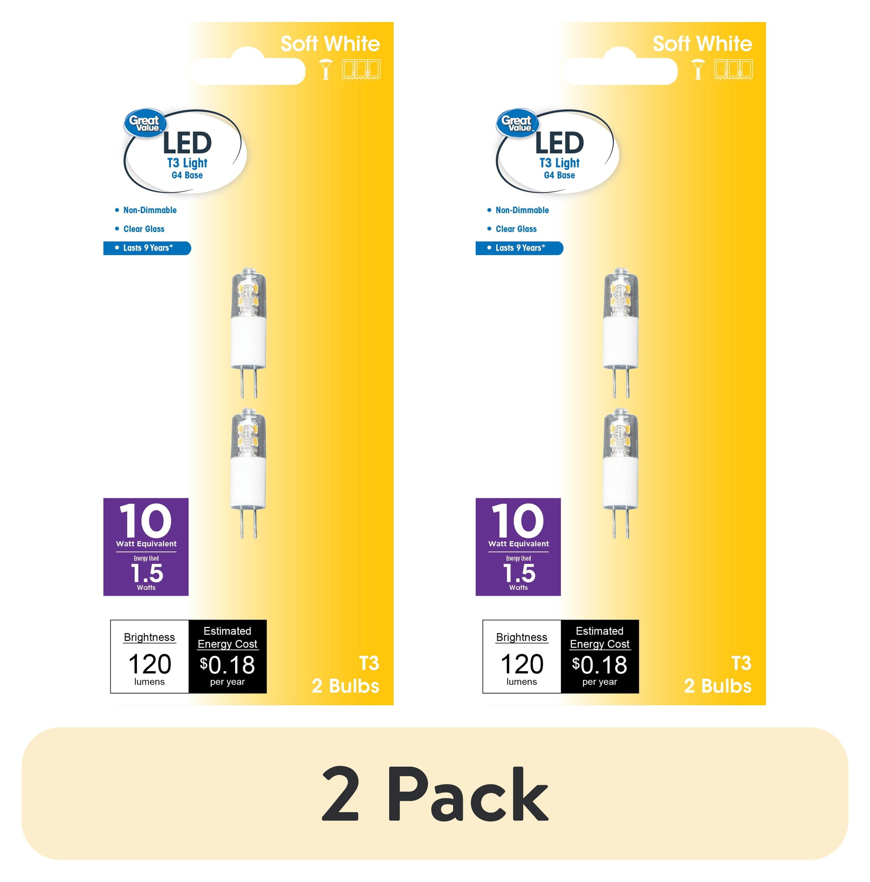Great Value LED Light Bulb, 2 Watts (20W Eqv.) T3 Lamp G4 Base, Non-dimmable, Soft White, 2-Pack