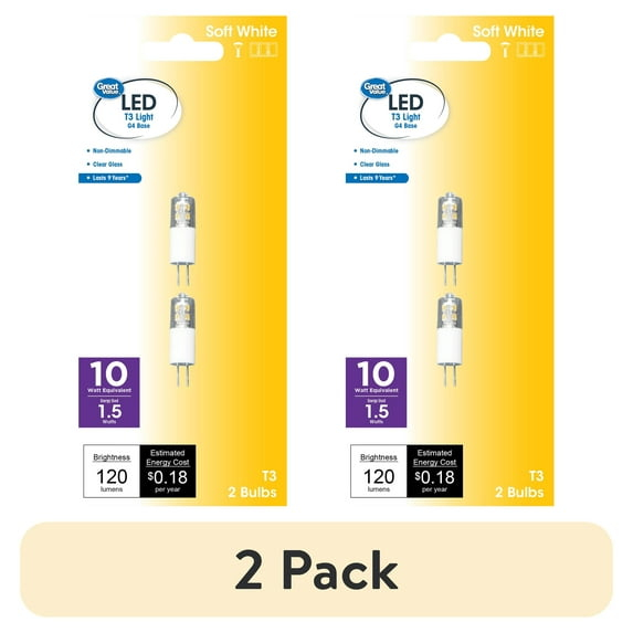 Great Value LED Light Bulb, 2 Watts (20W Eqv.) T3 Lamp G4 Base, Non-dimmable, Soft White, 2-Pack