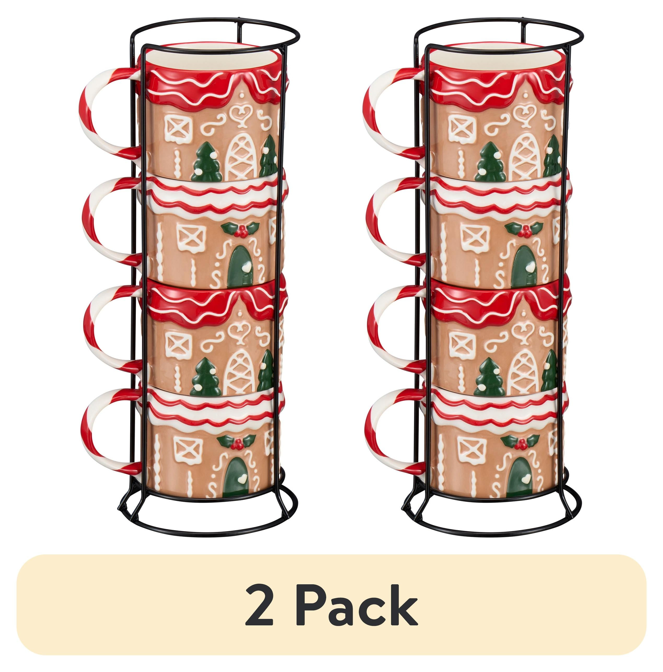 Holiday Time 12oz Gingerbread House Glazed Stoneware Ceramic Stacking Mug Set with Metal Rack