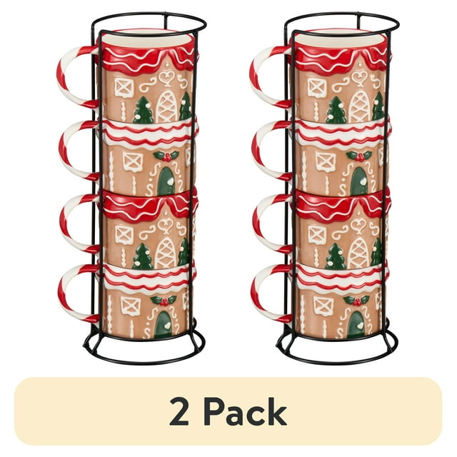 Holiday Time 12oz Gingerbread House Glazed Stoneware Ceramic Stacking Mug Set with Metal Rack