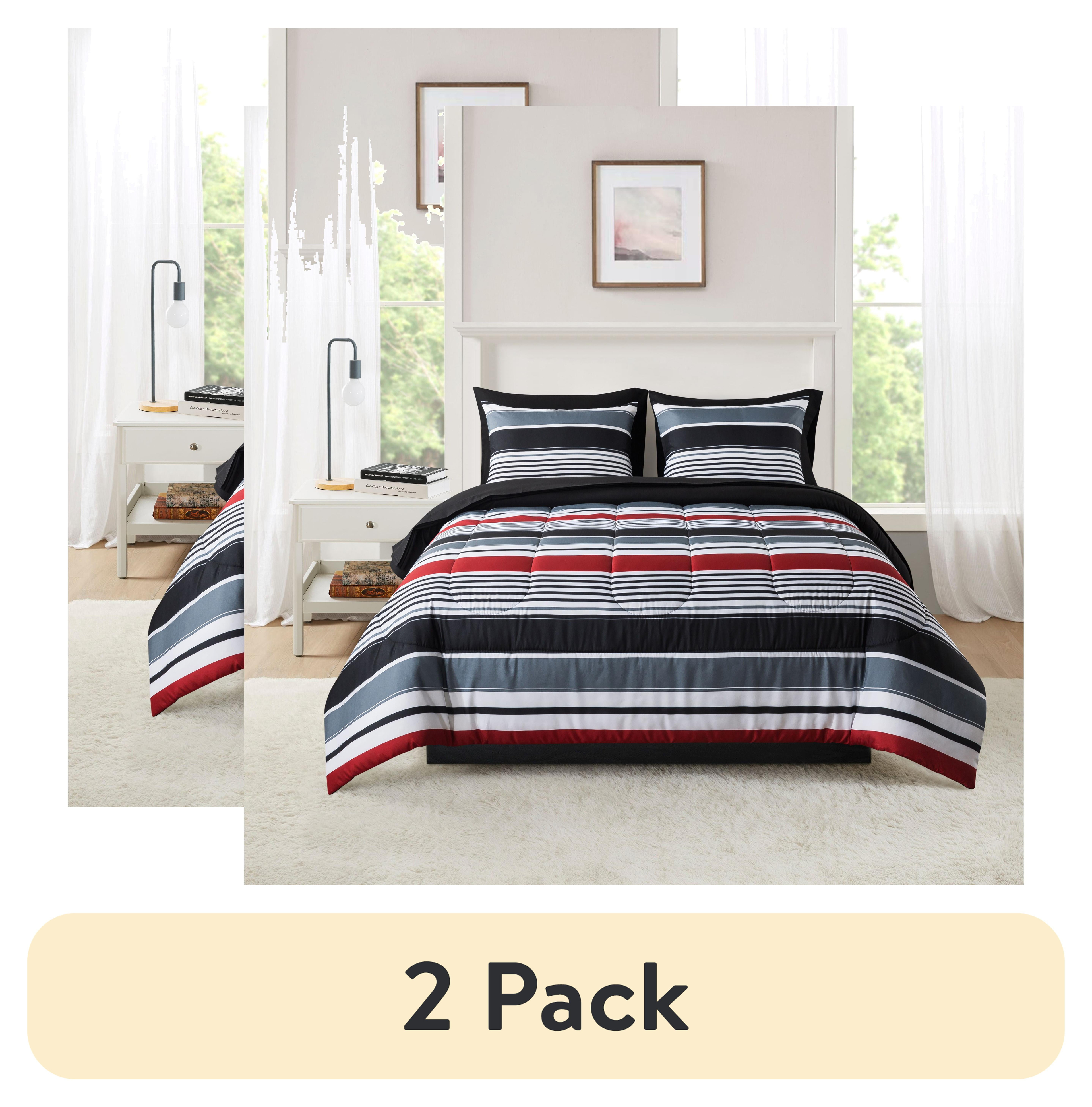 Mainstays 7-Piece Reversible Bed in a Bag Comforter Set with Sheets, Red and Black Stripe, Queen