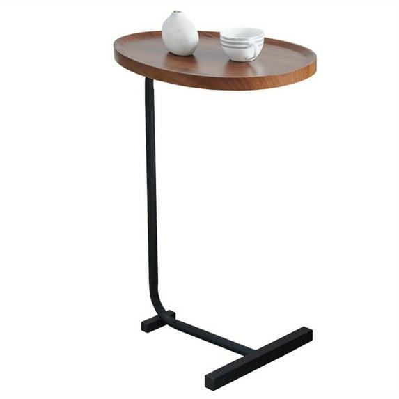 Brown Oval Top C-Shaped Side Table Set with Black Metal Frame
