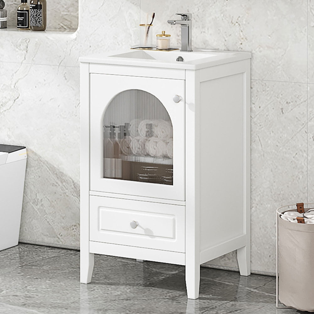 20" Bathroom Vanity with Sink, Bathroom Cabinet with Soft Closing Glass Door, A Drawer, White