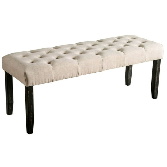 20 Inch Button Tufted Wooden Bench, Antique Black and Beige