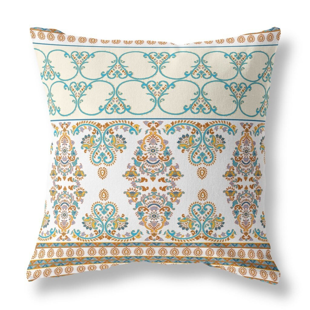 20" X 20" Orange And Teal Broadcloth Floral Throw Pillow