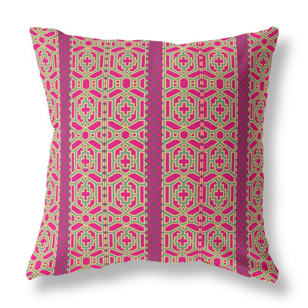 20" X 20" Pink And Green Broadcloth Floral Throw Pillow