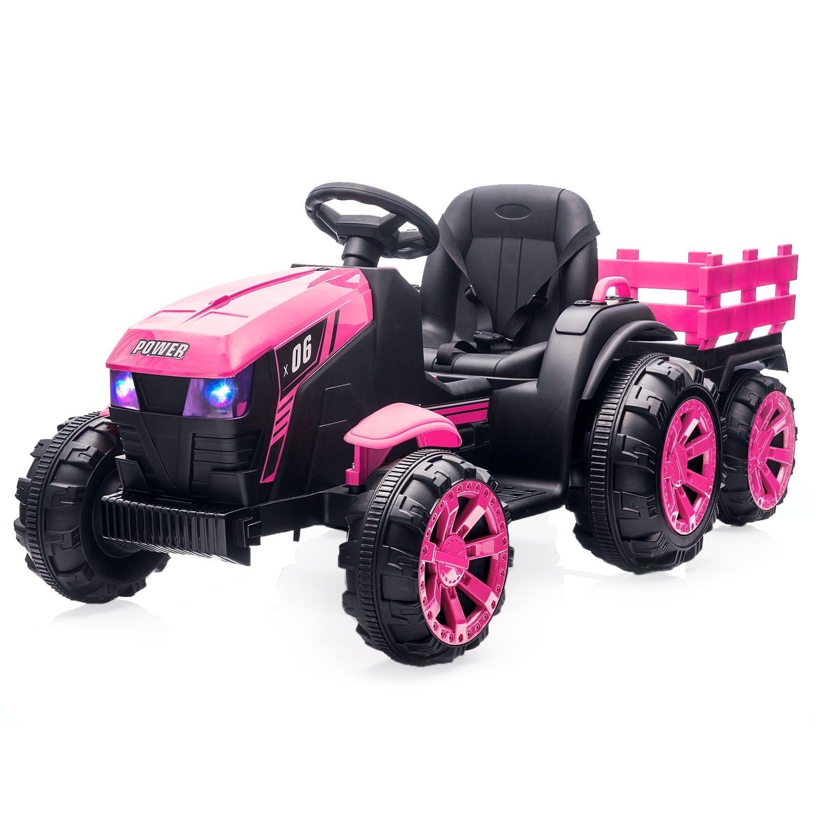 KTENME 2024 New Kids Ride on Tractor with Trailer and Remote Control, 12V Battery Powered Electric Vehicle Car Toys with 6 Wheels, 35W Dual Motors, Led Lights, Music, Gift for Boys Girls