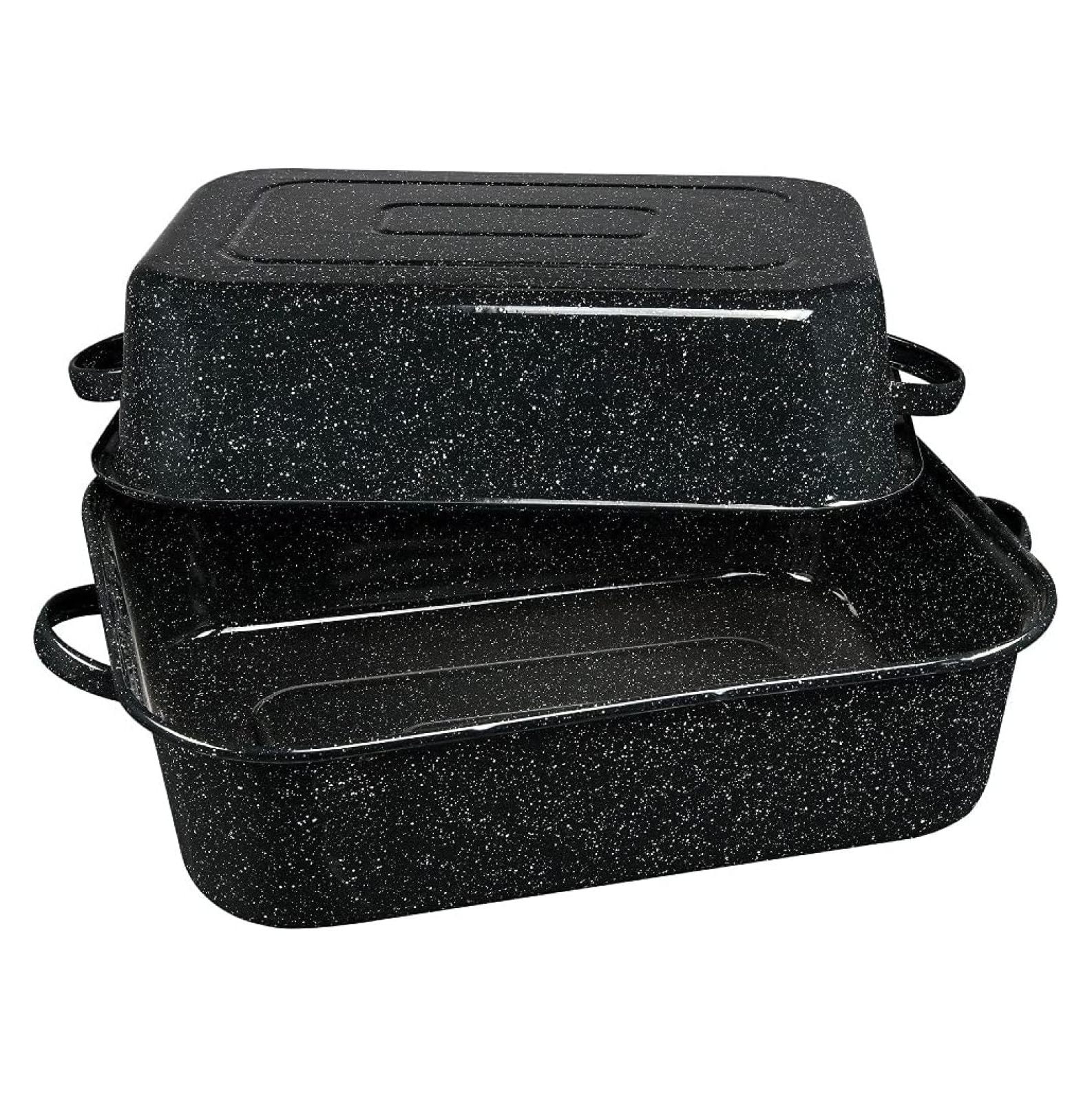 Granite Ware 21 in Oven Rectangular Roaster with lid. (Speckled Black) - Accommodates up to 25 lb poultry or roast.