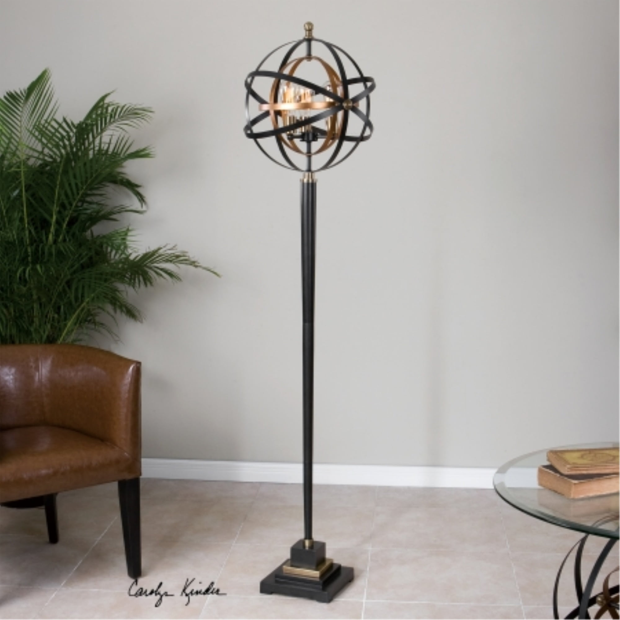 Uttermost Industrial Floor Lamp 72" Tall Oil Rubbed Bronze Gold Leaf Iron Sphere Shade for Living Room Reading House Bedroom Home