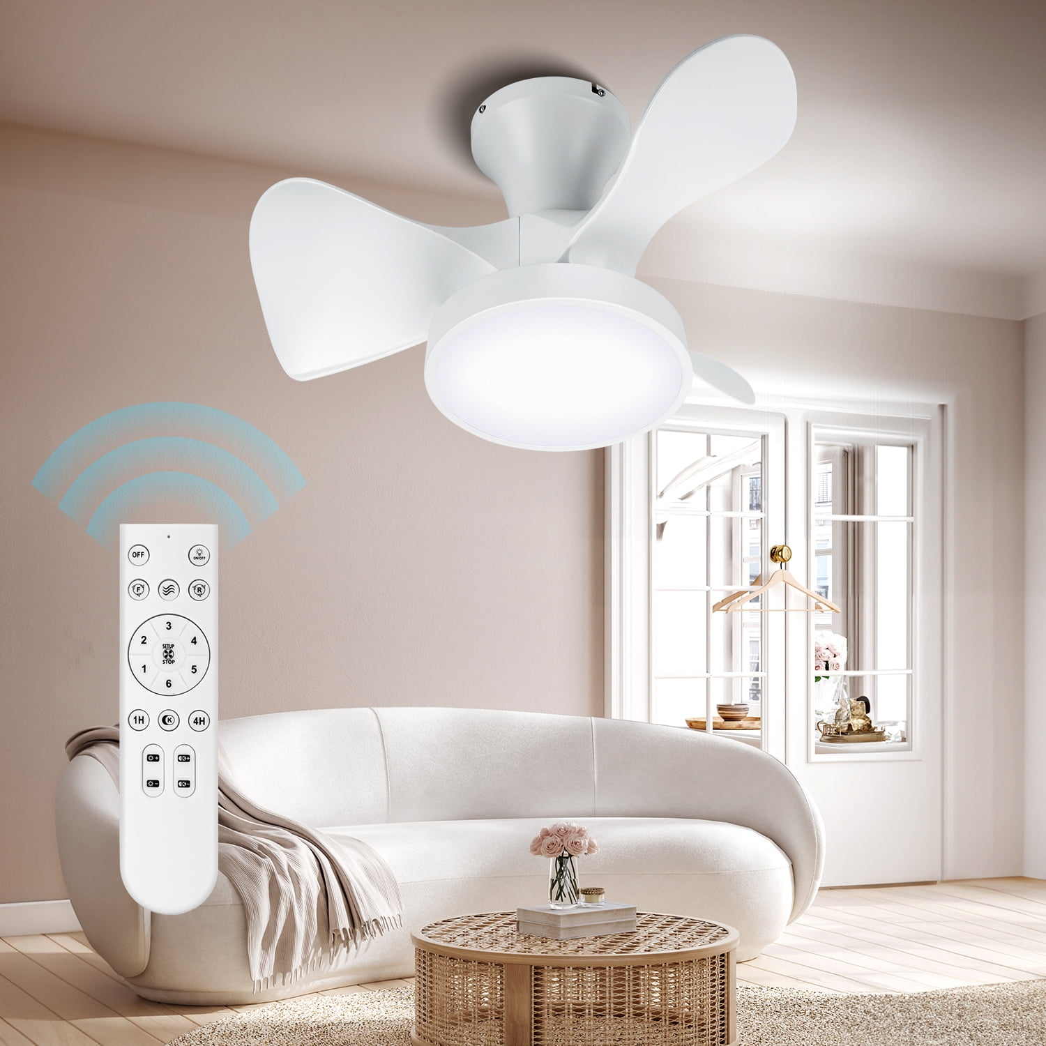 22-inch White Ceiling Fan with Lights - Small Low Profile Fan - Remote Control - 6-Speed Quiet Reversible Motor - 3 Color Temperature Dimming - Modern Smart Design - Bedroom Flush Mount Indoor Ceiling