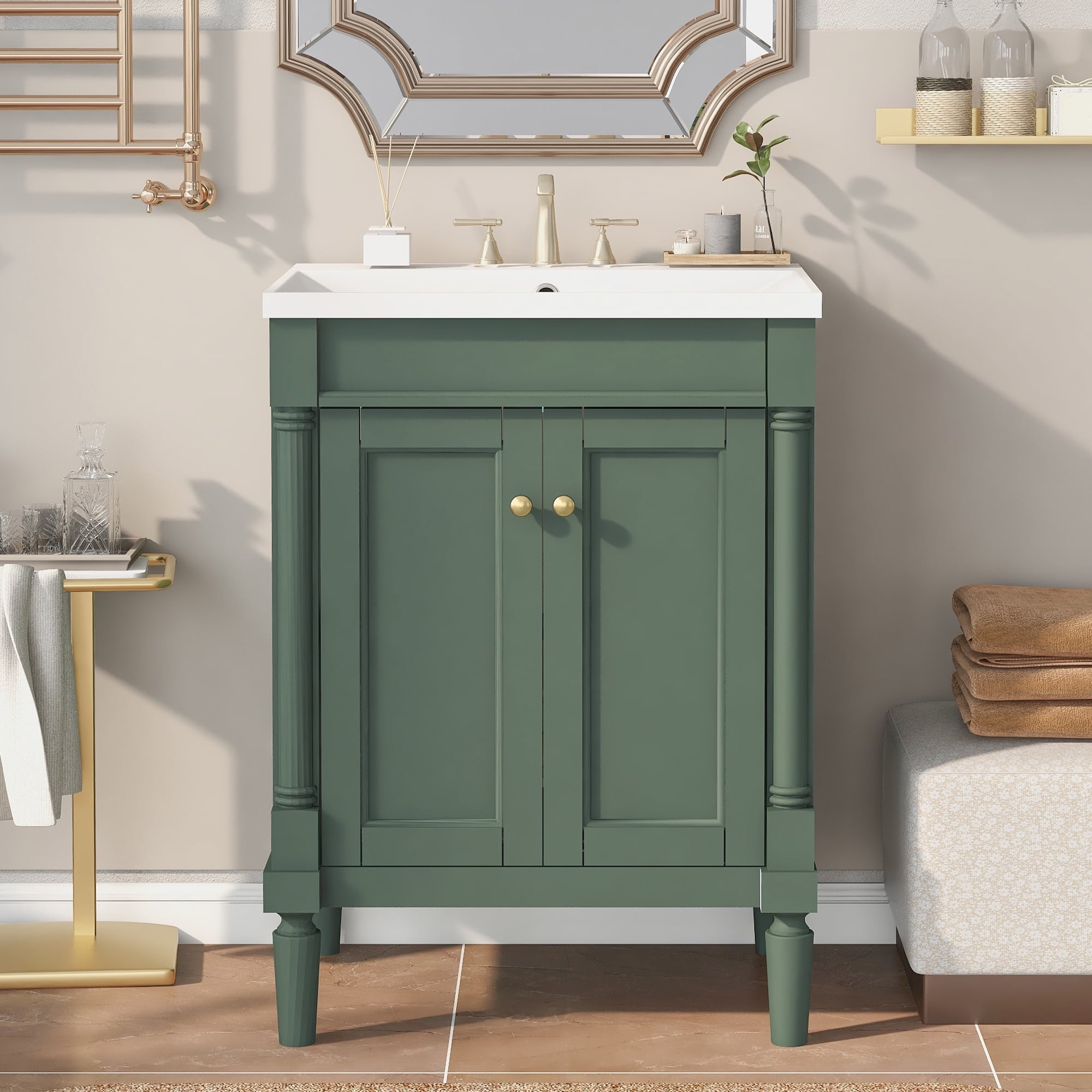 24'' Bathroom Vanity with Sink, 2-Tier Modern Bathroom Storage Cabinet, Single Sink Bathroom Vanity, Large Storage Shelves, Green