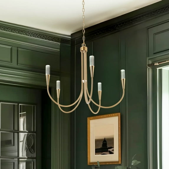 24"D Mid-Century Modern 5-Light Chandelier Gold Integrated LED Classic Pendant Lights for Kitchen Dining Room - 24" D x 22.5" H