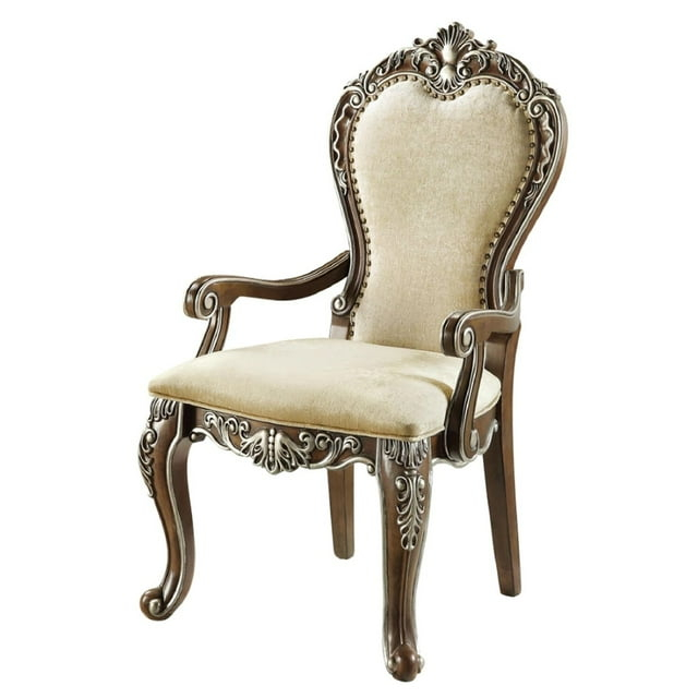 24 Inch Classic Upholstered Armchair, Scrolled Details, Nailhead, Brown - Saltoro Sherpi