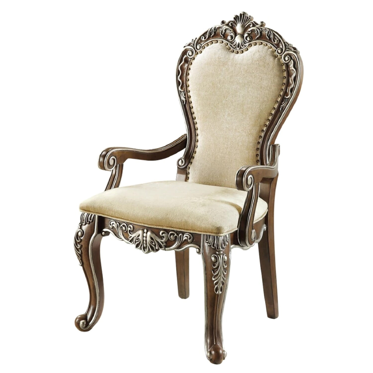 24 Inch Classic Upholstered Armchair, Scrolled Details, Nailhead, Brown - Saltoro Sherpi