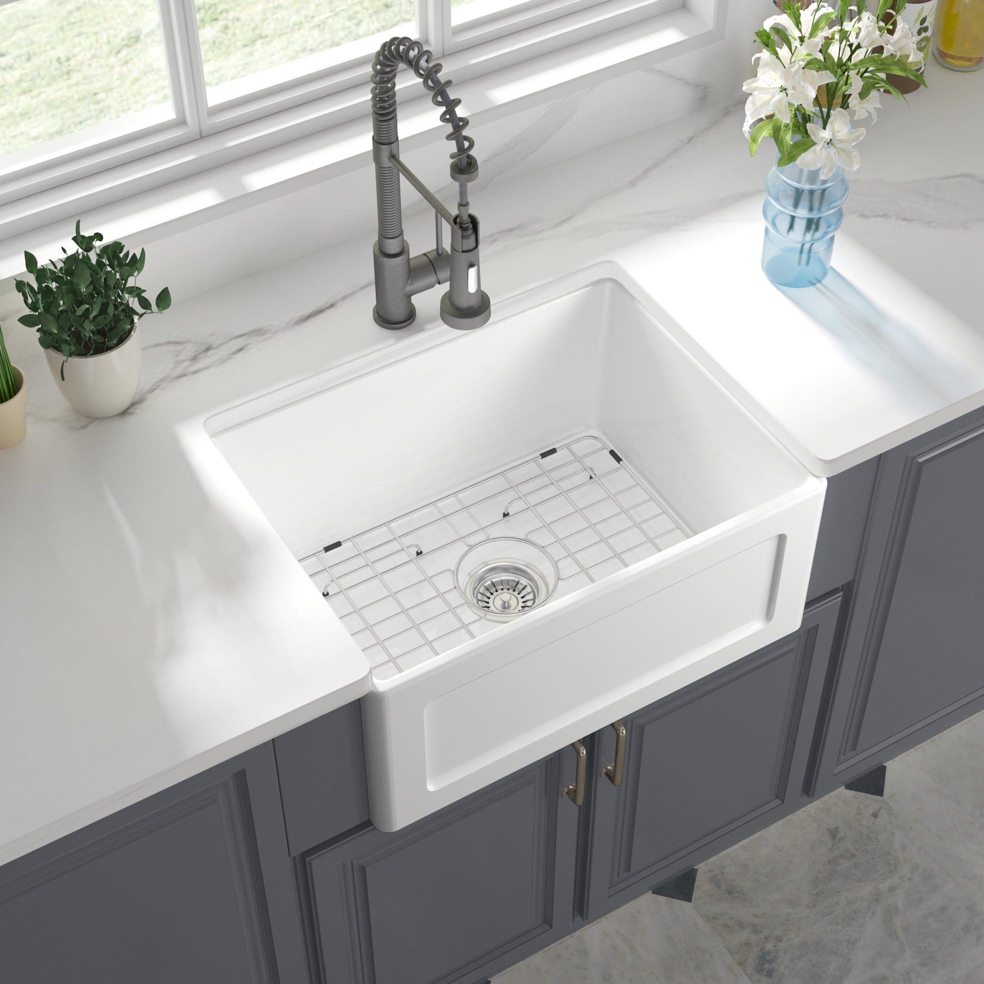 24 Inch Farmhouse Sink , White Farm Sink for Small Kitchen and Laundry, Luxury Fireclay Porcelain Ceramic Apron Sink Single Basin with Bottom Grid and Strainer