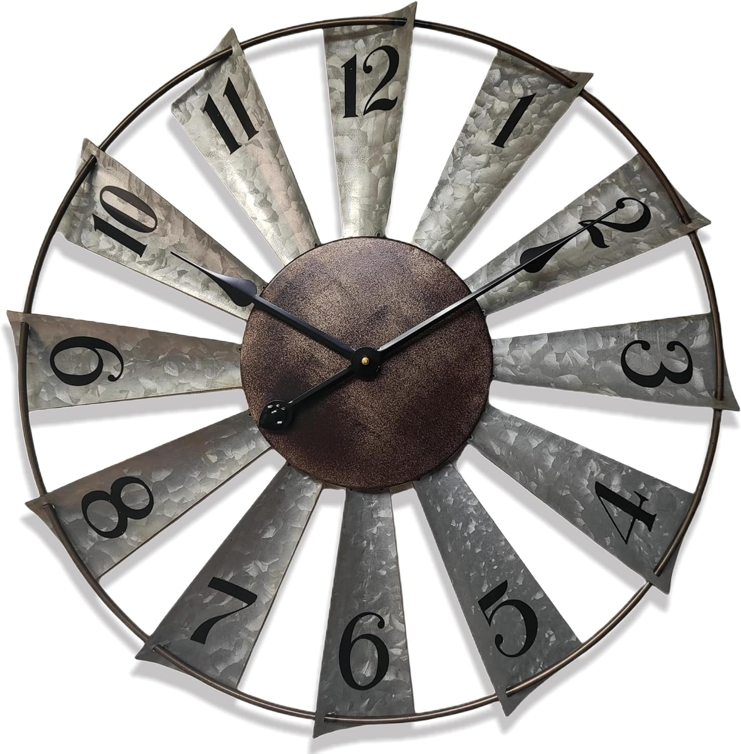 24" Large Farmhouse Decor Wall Clocks Metal Windmill Time Piece Galvanized Silver Analog