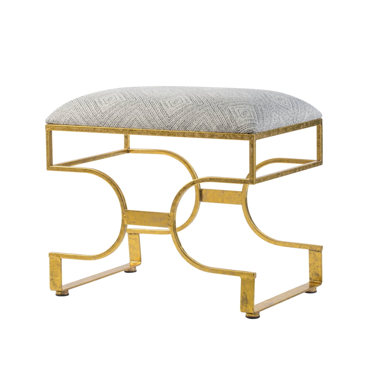 24 Inch Modern Ultra Padded Ottoman, Geometric Frame, Gray, Gold Patina- Saltoro Sherpi