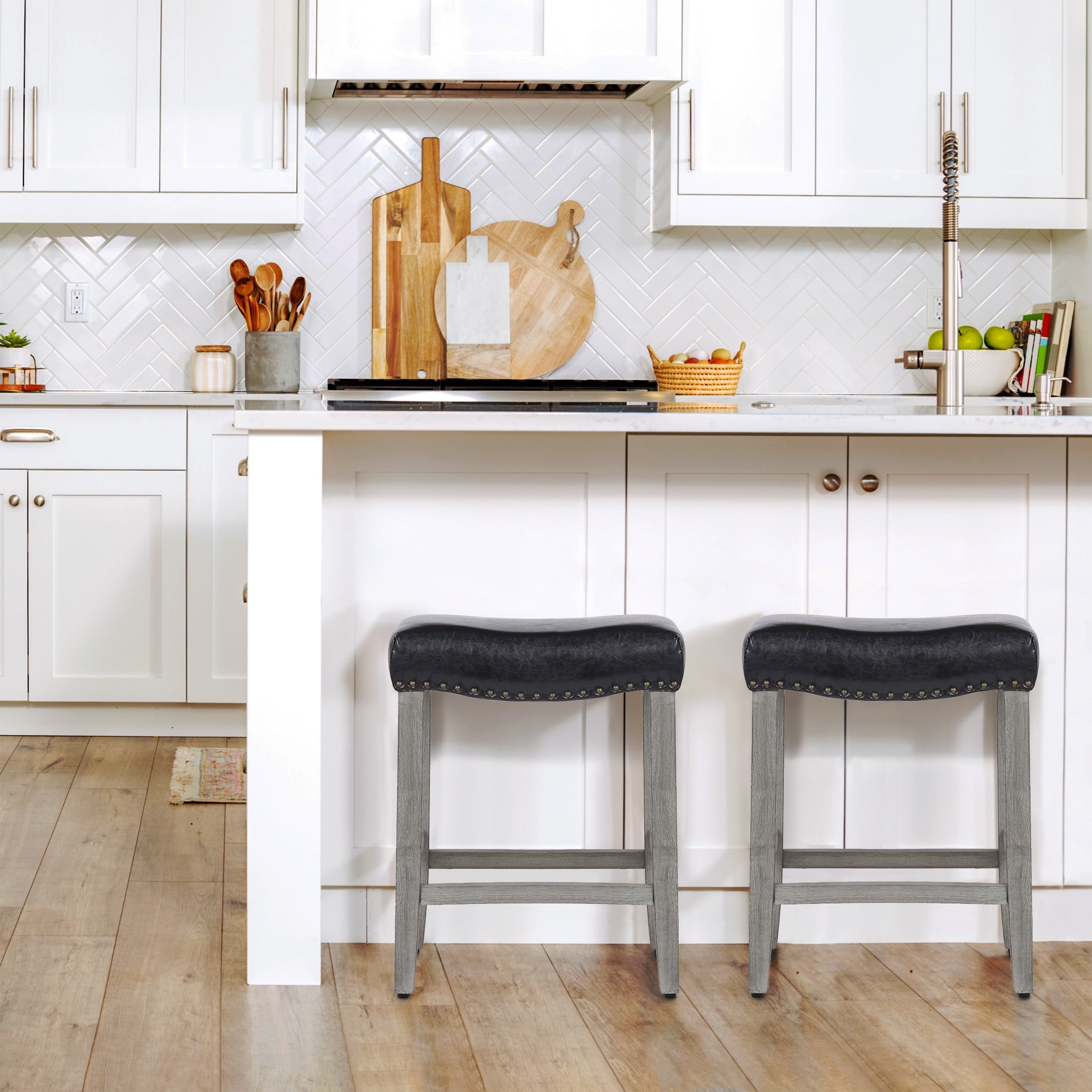 24" Inch Upholstered Saddle Seat Bar Stool (Set of 2), Antique Gray/Leather