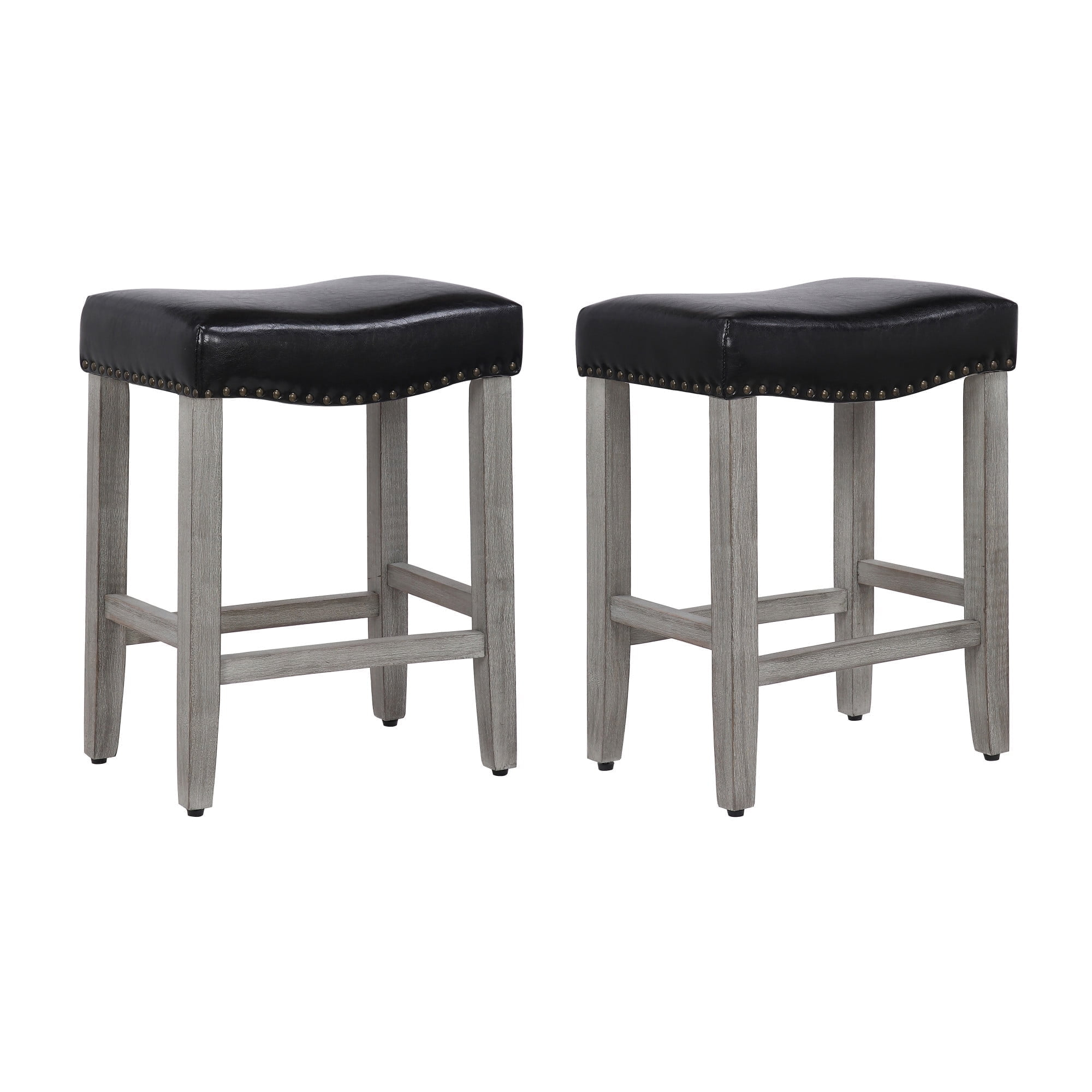 24" Inch Upholstered Saddle Seat Bar Stool (Set of 2), Antique Gray/Leather