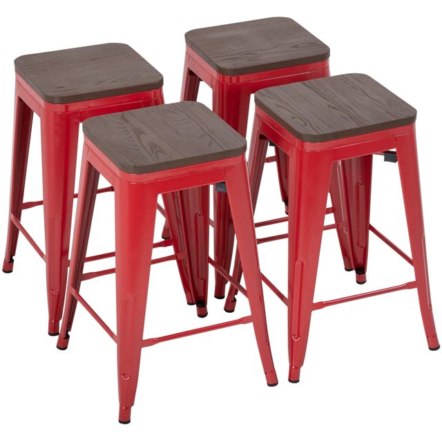 24" Red Metal Bar Stools with Wood Seat, Set of 4