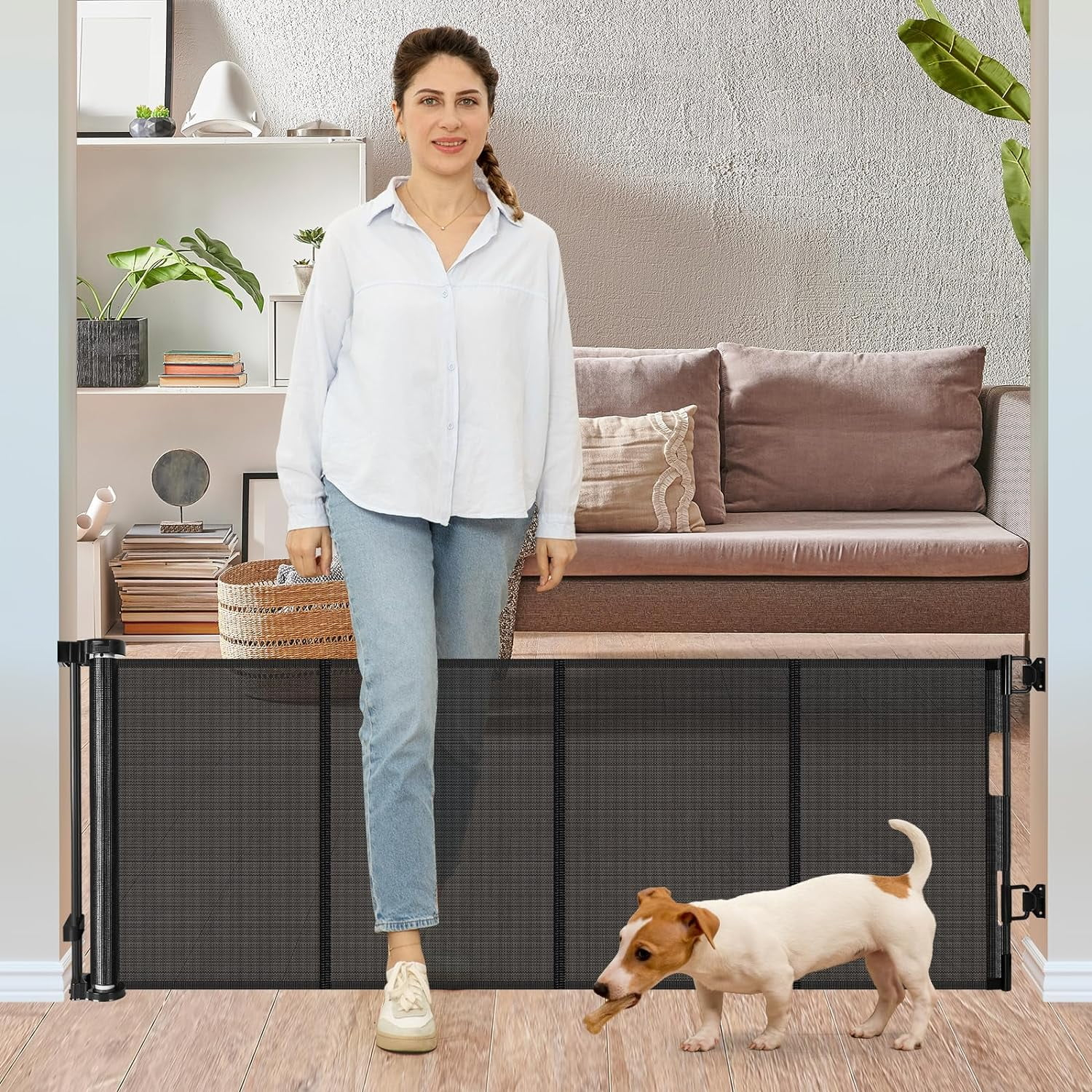 24 Inches Tall Retractable Baby Gates for Doorways, Short Dog Gates to Step Over, Extends up to 55" Wide, Reinforced Mesh Baby Gate for Kids or Pets, Gates Puppy Gates for The House (Black)