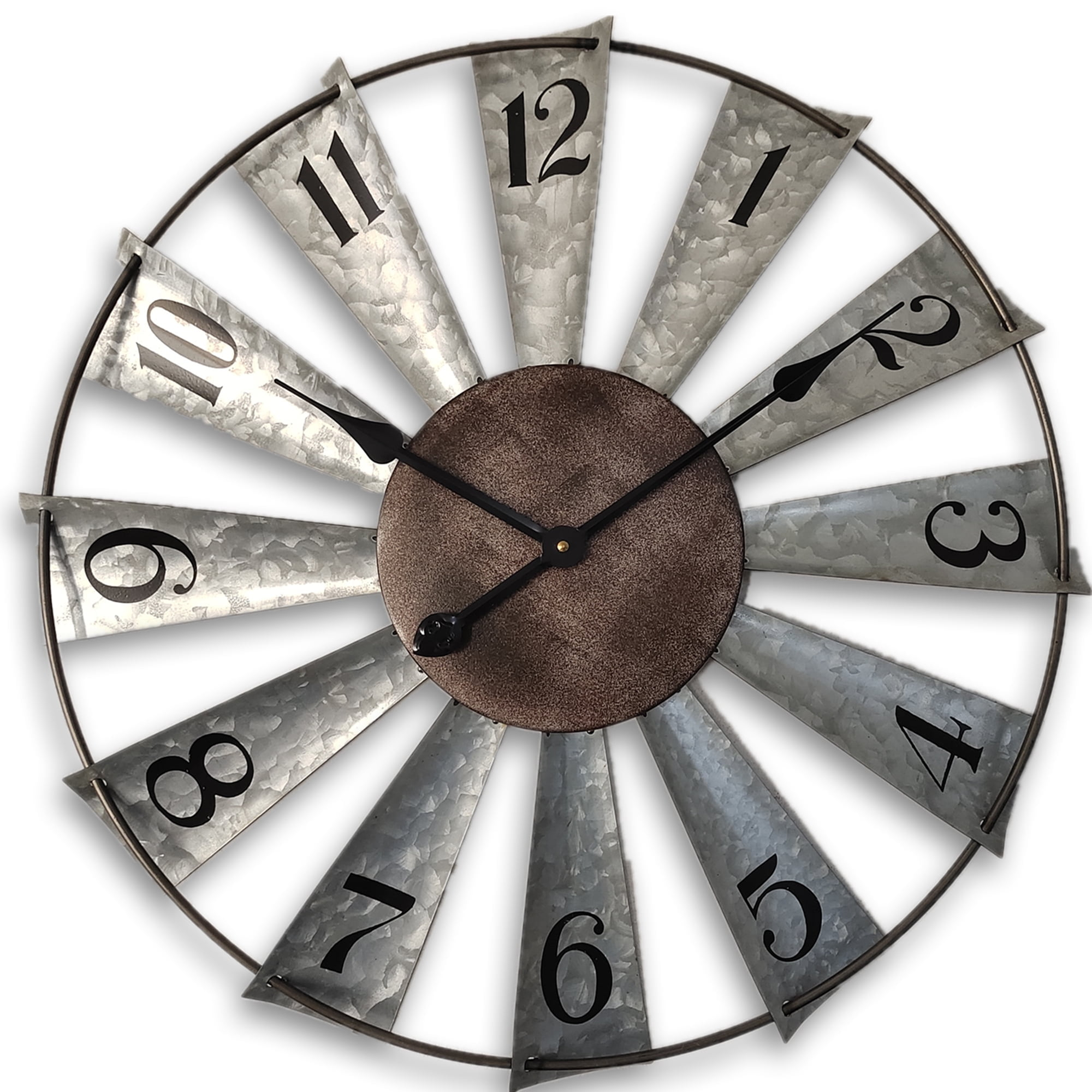 24" Large Farmhouse Decor Wall Clocks Metal Windmill Time Piece Galvanized Silver Analog