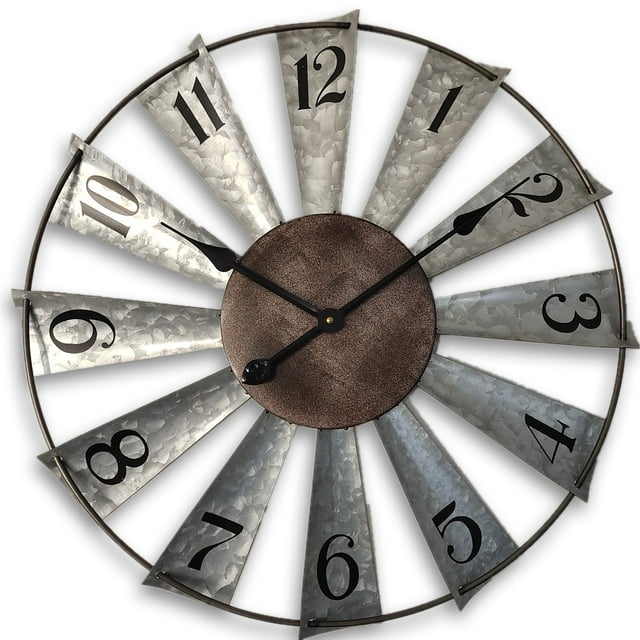 24" Large Farmhouse Decor Wall Clocks Metal Windmill Time Piece Galvanized Silver Analog