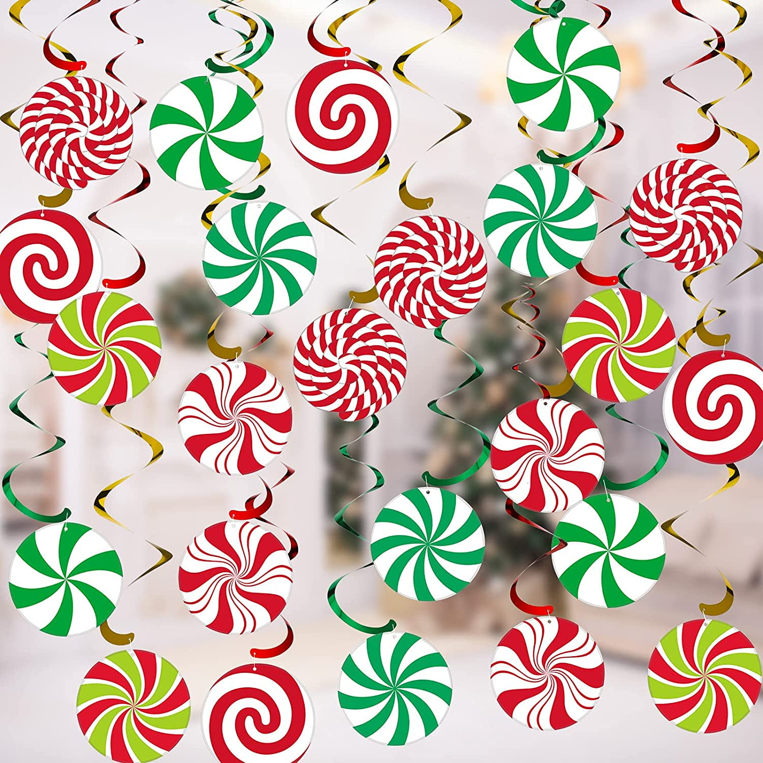 24 Sets Christmas Hanging Swirl Decoration Kits Gingerbread Man Hanging Swirl Garland Christmas Ceiling Swirl Decoration with Peppermint Candies Cutout Candy Cane Swirl Decoration (Classic Style)