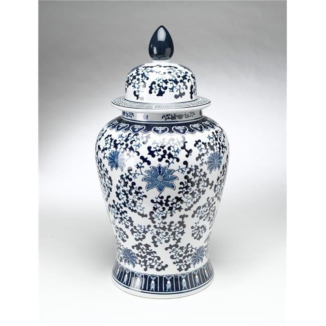24" Floral Blue & White Porcelain Temple Jar